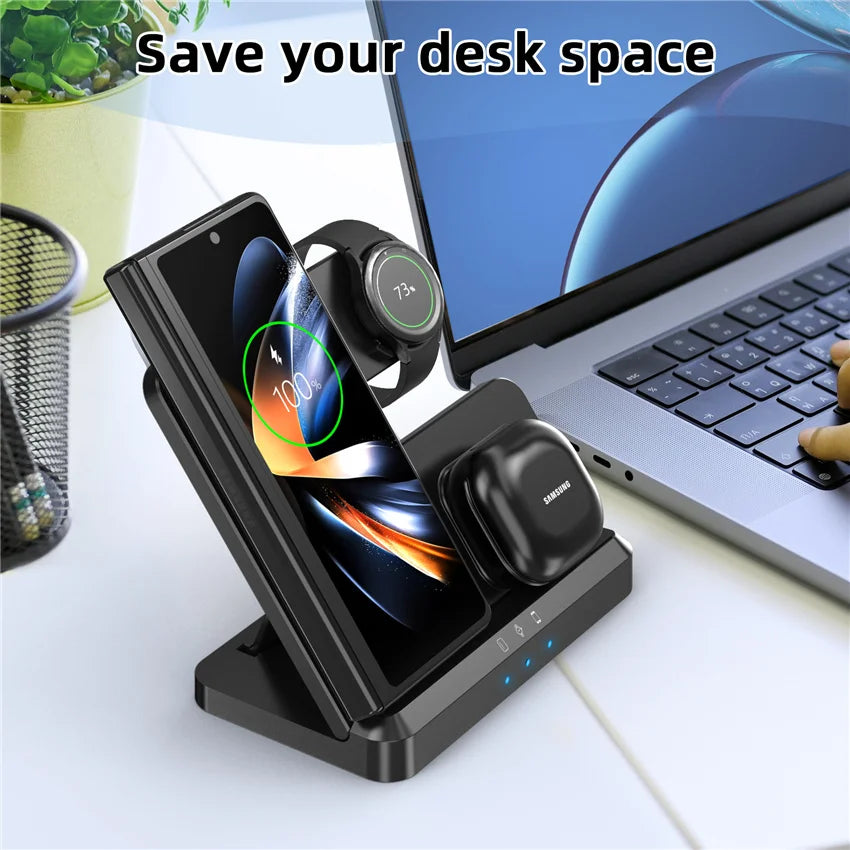 3-in-1 Wireless Charging Stand for iPhone 15/14/13 & Samsung Galaxy S22/S21, Watch 5/4/3, Buds – Fast Charging Dock Station