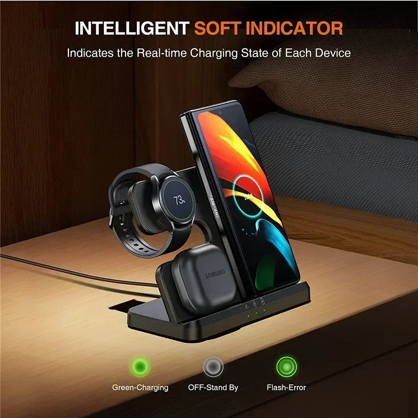 3-in-1 Wireless Charging Stand for iPhone 15/14/13 & Samsung Galaxy S22/S21, Watch 5/4/3, Buds – Fast Charging Dock Station