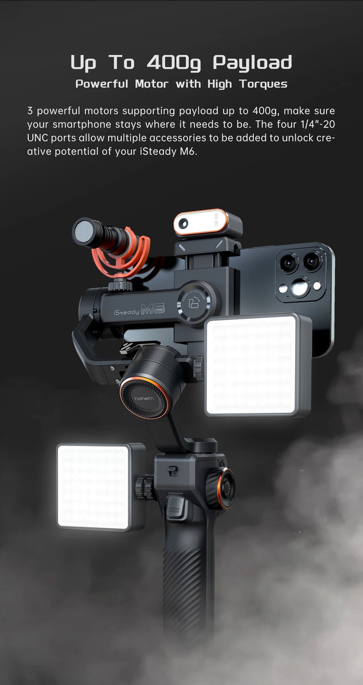 Hohem-iSteady M6 Kit Gimbal for Smartphone, 3-Axis Gimbal, AI Tracker, Fill Light, for iPhone 16 Pro Max and Android Stabilizer.
