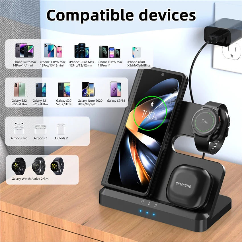 3-in-1 Wireless Charging Stand for iPhone 15/14/13 & Samsung Galaxy S22/S21, Watch 5/4/3, Buds – Fast Charging Dock Station