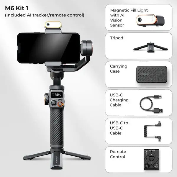 Hohem-iSteady M6 Kit Gimbal for Smartphone, 3-Axis Gimbal, AI Tracker, Fill Light, Stabilizer.