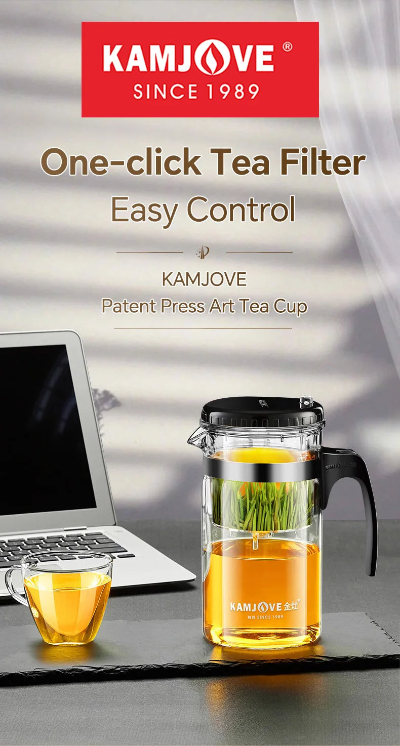 KAMJOVE Press Art Tea Cup One-button Filter Teapot Heat-resistant Glass Tea Set Filter Tea Pot Tea Coffee Maker Filtering Kettl