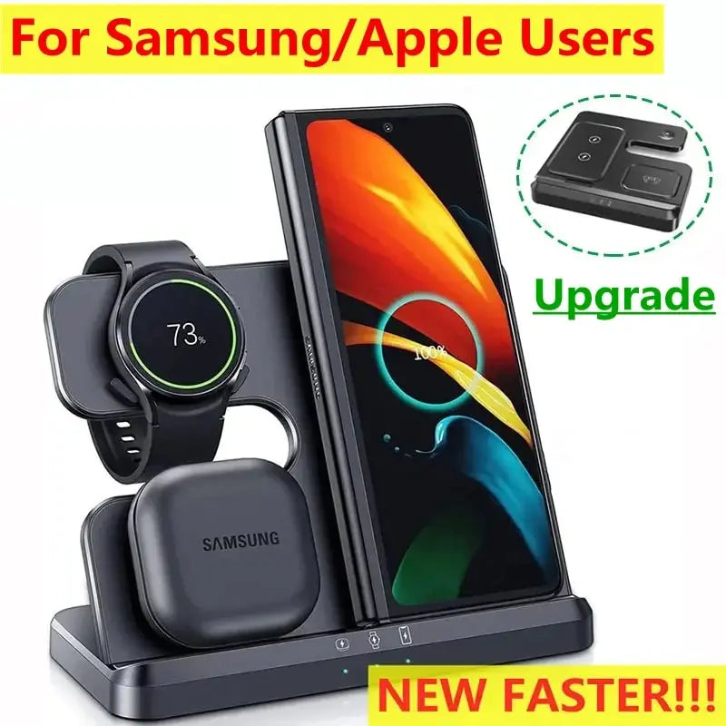 3-in-1 Wireless Charging Stand for iPhone 15/14/13 & Samsung Galaxy S22/S21, Watch 5/4/3, Buds – Fast Charging Dock Station