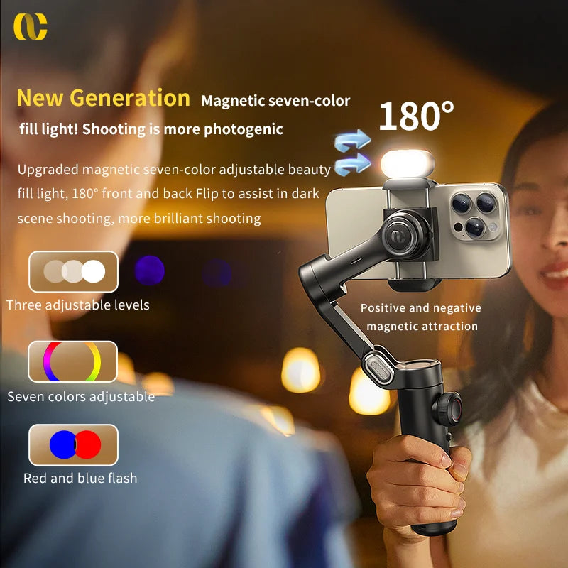 AOCHUAN 3-Axis Smartphone Gimbal Stabilizer with Fill Light – Face Tracking, Vlog & TikTok Ready for iPhone & Android