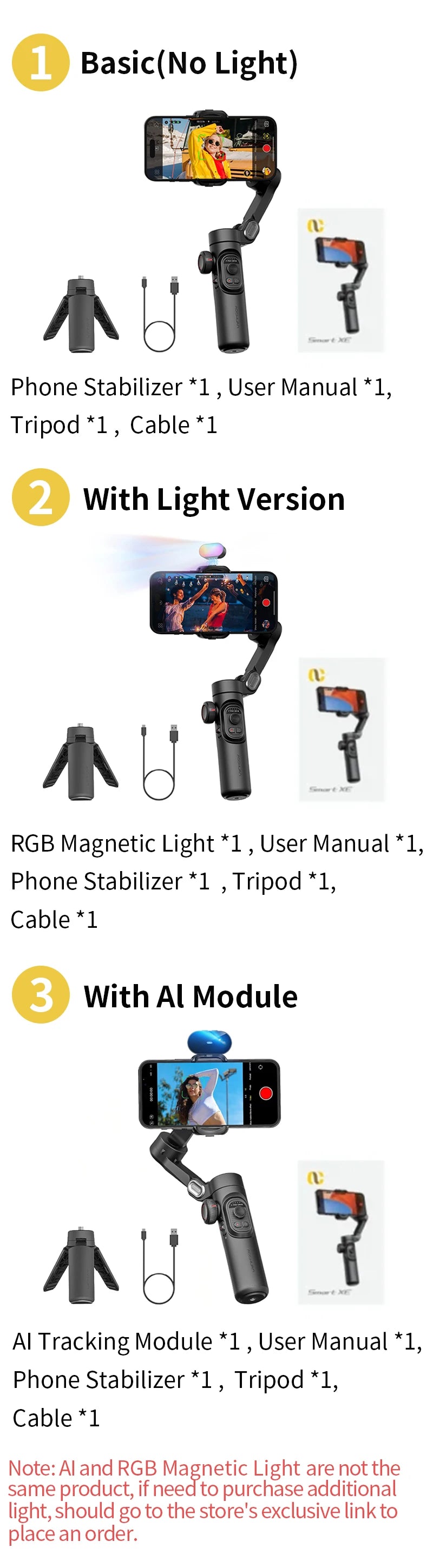 AOCHUAN 3-Axis Smartphone Gimbal Stabilizer with Fill Light – Face Tracking, Vlog & TikTok Ready for iPhone & Android