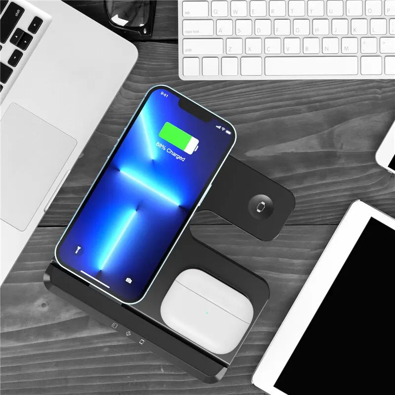 3-in-1 Wireless Charging Stand for iPhone 15/14/13 & Samsung Galaxy S22/S21, Watch 5/4/3, Buds – Fast Charging Dock Station
