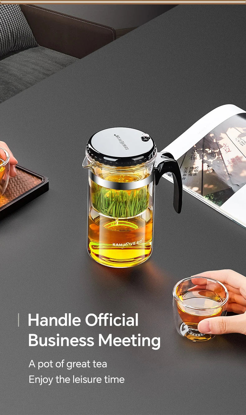 KAMJOVE Press Art Tea Cup One-button Filter Teapot Heat-resistant Glass Tea Set Filter Tea Pot Tea Coffee Maker Filtering Kettl