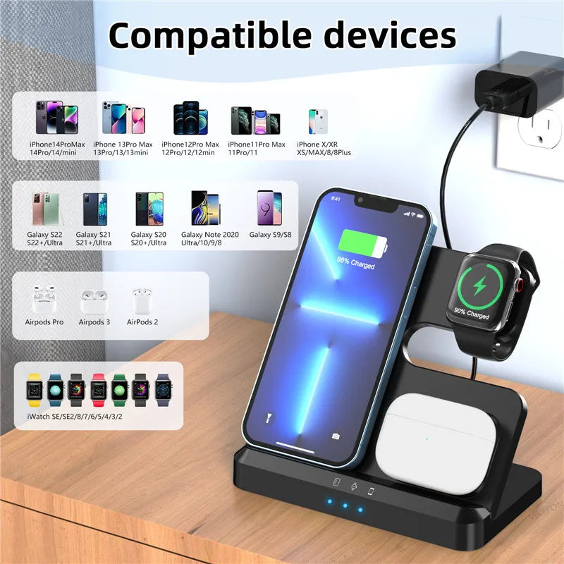 3-in-1 Wireless Charging Stand for iPhone 15/14/13 & Samsung Galaxy S22/S21, Watch 5/4/3, Buds – Fast Charging Dock Station