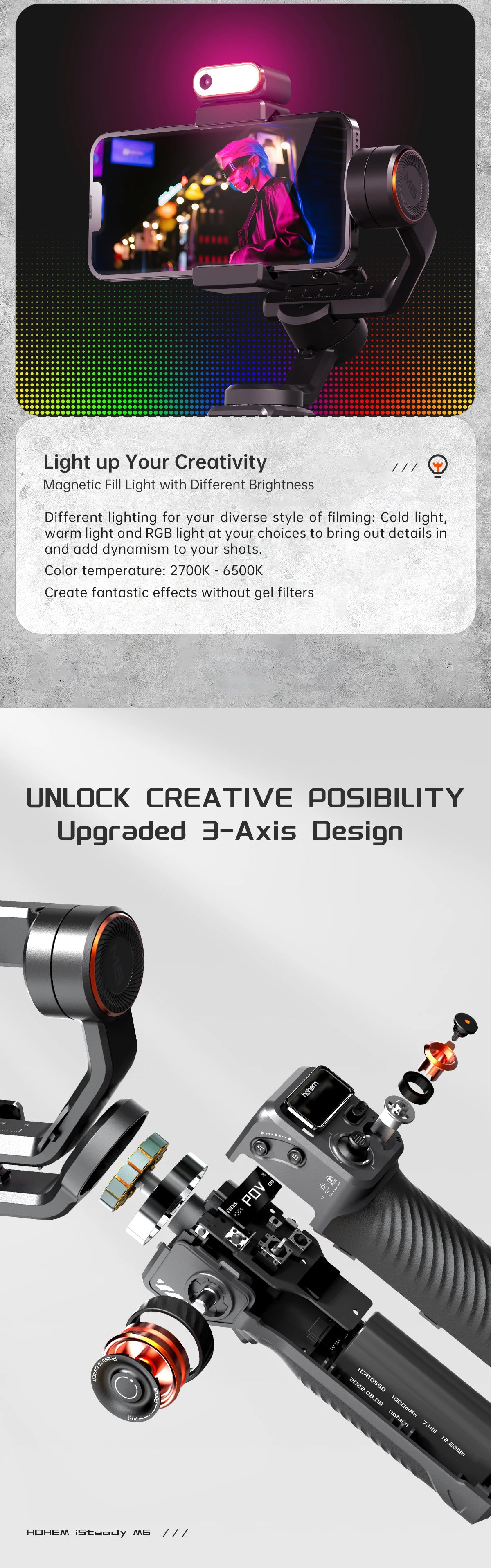 Hohem-iSteady M6 Kit Gimbal for Smartphone, 3-Axis Gimbal, AI Tracker, Fill Light, for iPhone 16 Pro Max and Android Stabilizer.