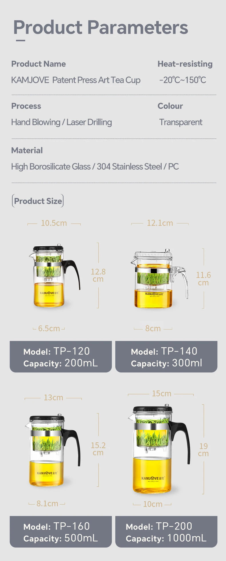 KAMJOVE Press Art Tea Cup One-button Filter Teapot Heat-resistant Glass Tea Set Filter Tea Pot Tea Coffee Maker Filtering Kettl