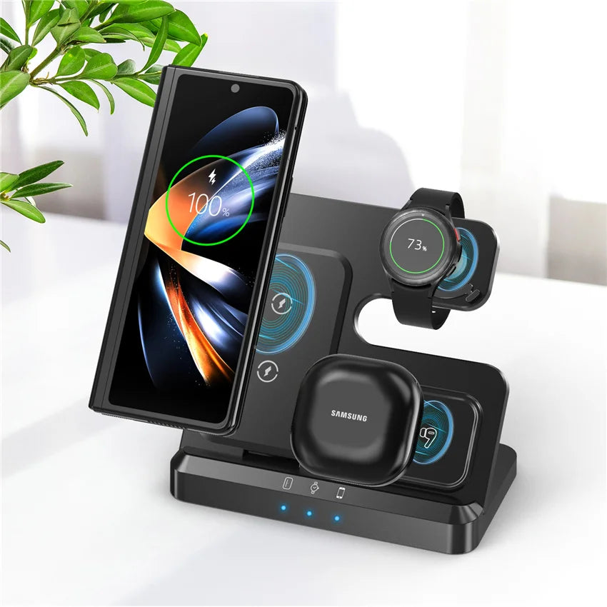 3-in-1 Wireless Charging Stand for iPhone 15/14/13 & Samsung Galaxy S22/S21, Watch 5/4/3, Buds – Fast Charging Dock Station