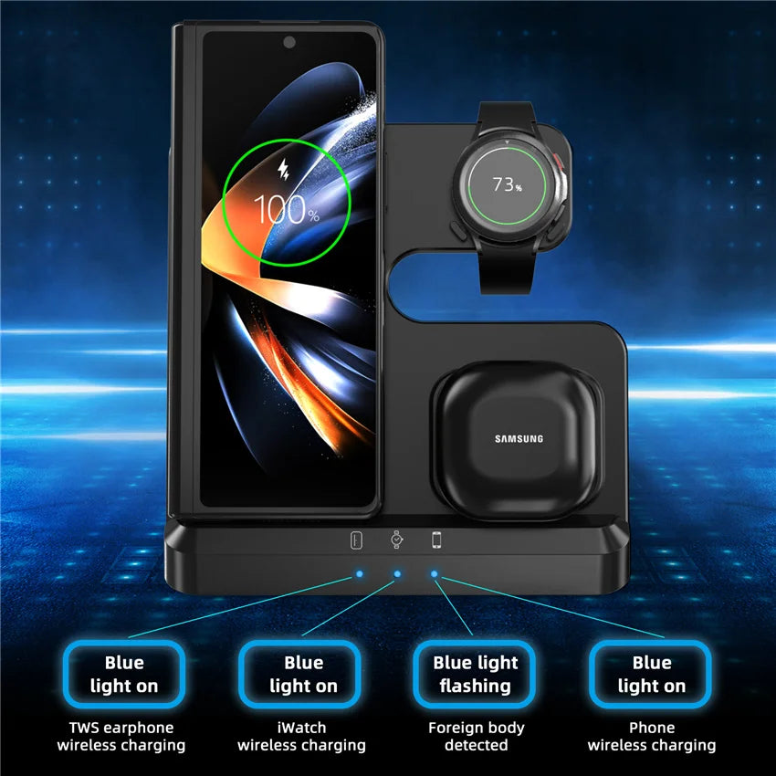 3-in-1 Wireless Charging Stand for iPhone 15/14/13 & Samsung Galaxy S22/S21, Watch 5/4/3, Buds – Fast Charging Dock Station