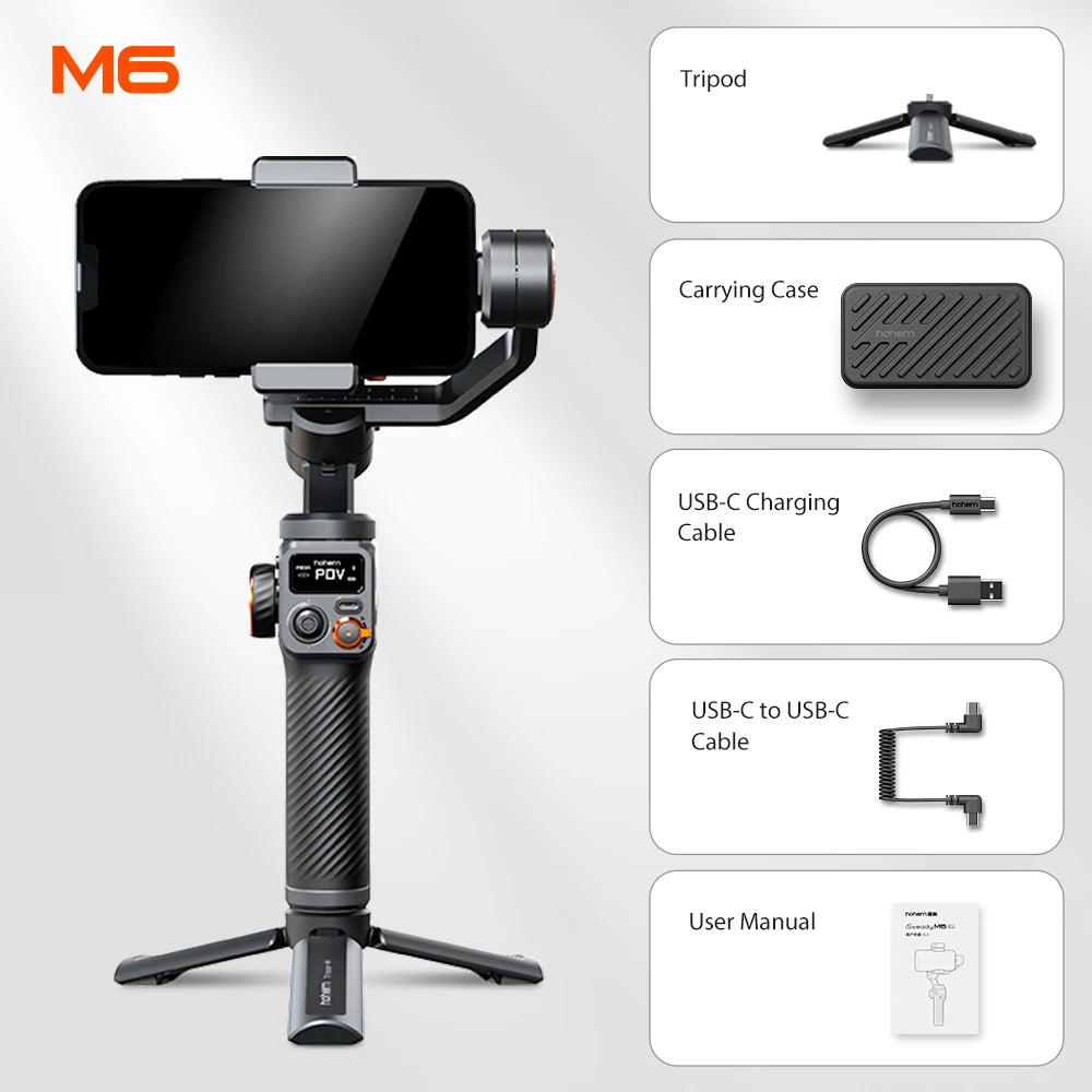 Hohem-iSteady M6 Kit Gimbal for Smartphone, 3-Axis Gimbal, AI Tracker, Fill Light, Stabilizer.