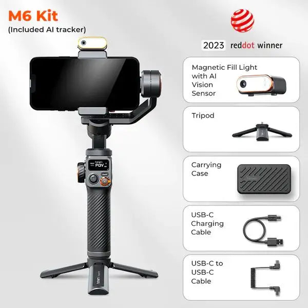 Hohem-iSteady M6 Kit Gimbal for Smartphone, 3-Axis Gimbal, AI Tracker, Fill Light, Stabilizer.