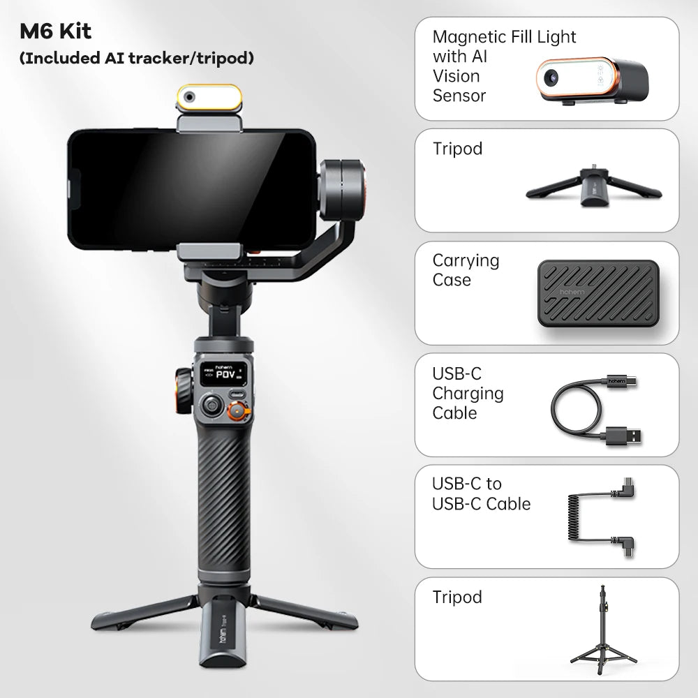 Hohem-iSteady M6 Kit Gimbal for Smartphone, 3-Axis Gimbal, AI Tracker, Fill Light, Stabilizer.