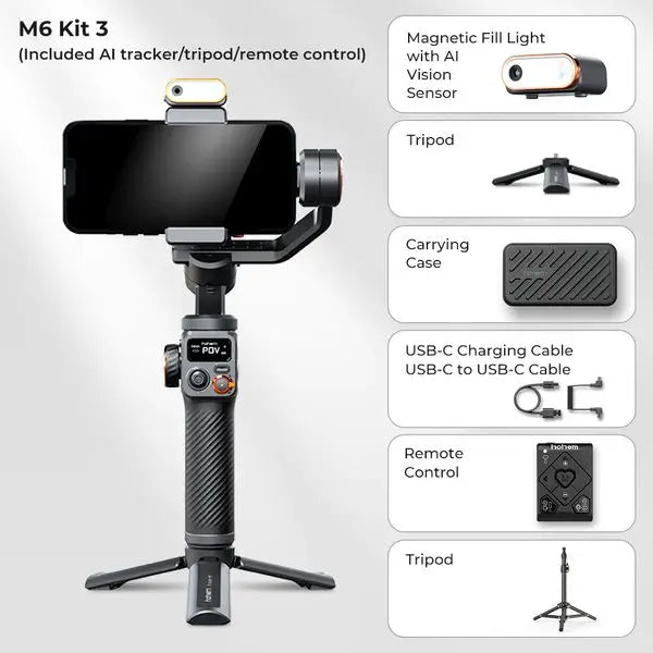 Hohem-iSteady M6 Kit Gimbal for Smartphone, 3-Axis Gimbal, AI Tracker, Fill Light, Stabilizer.