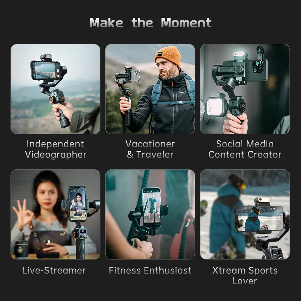 Hohem-iSteady M6 Kit Gimbal for Smartphone, 3-Axis Gimbal, AI Tracker, Fill Light, for iPhone 16 Pro Max and Android Stabilizer.