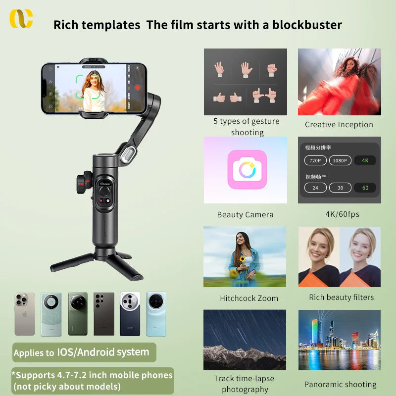 AOCHUAN 3-Axis Smartphone Gimbal Stabilizer with Fill Light – Face Tracking, Vlog & TikTok Ready for iPhone & Android