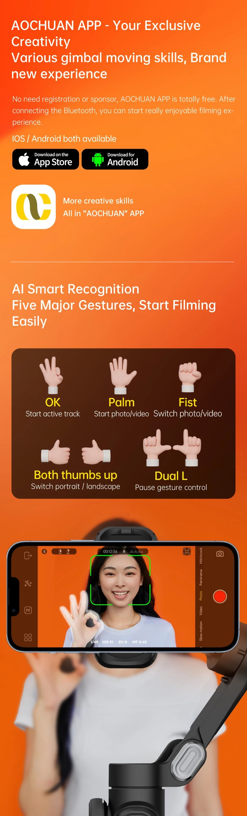 AOCHUAN 3-Axis Smartphone Gimbal Stabilizer with Fill Light – Face Tracking, Vlog & TikTok Ready for iPhone & Android